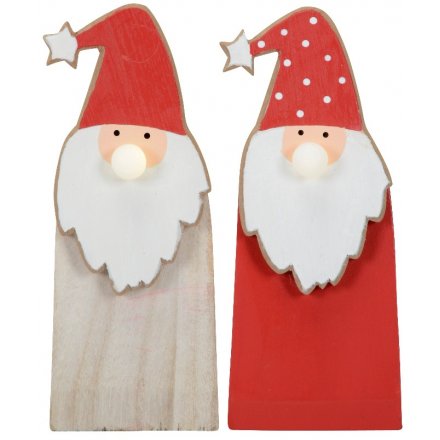 Wooden Santa Decoration With LED Nose, 2 Assorted