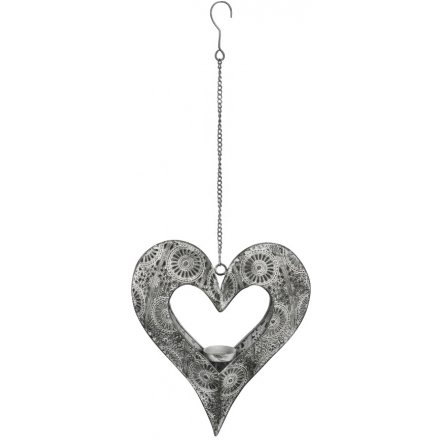 Grey Washed Hanging Heart Tlight Holder 