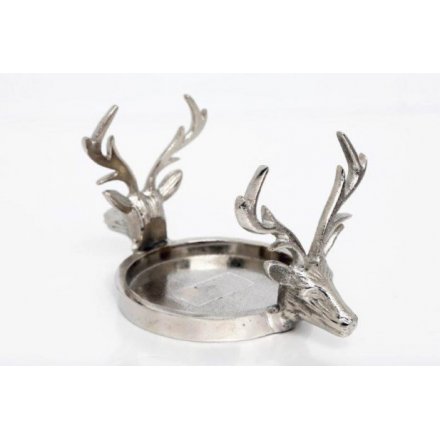 Double Stag Head Silver Candle Holder