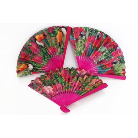 Tropical Print Paper Fans, 3 Assorted