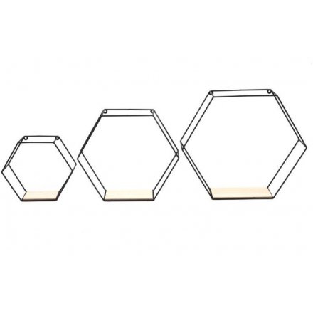 Wood & Wire Hexagon Shelves, Set of 3