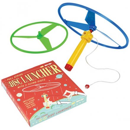A plastic flying disk launcher complete with 2 coloured sized disks 