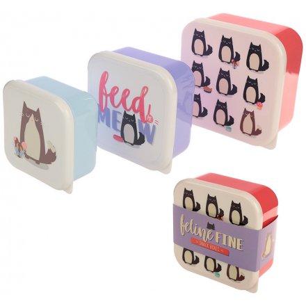 A set of 3 Feline Fine Feed Me Meow Lunch Boxes