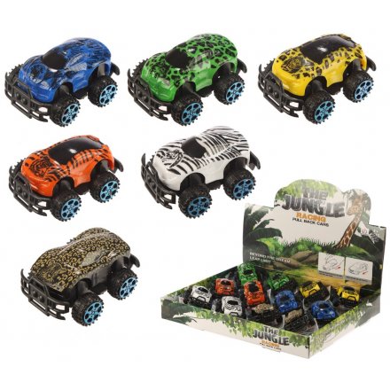 An assortment of 6 jungle print themed Pull Back Mini Racing Cars