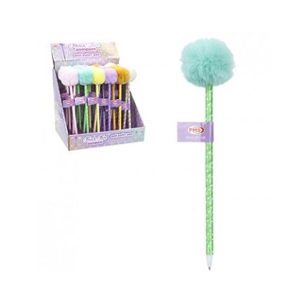 A funky assortment of colourful ballpoint pens, each set with a fluffy coloured pompom on the top 