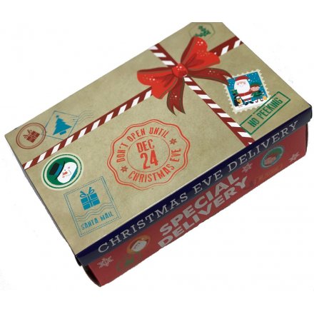 A large flat pack Christmas eve box decorated with an assortment of festive stamps and Christmas characters.