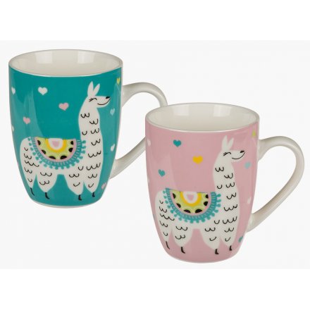 Pink & Teal Llama Mugs, 2 Assorted