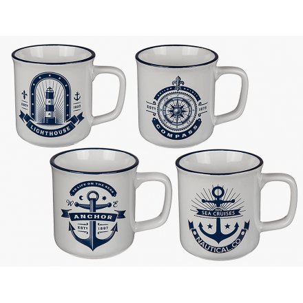 Blue/White Nautical Stoneware Mugs, 4 Assorted