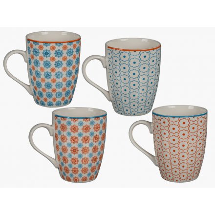 Orange/Blue Mexican Pattern China Mugs, 4 Assorted