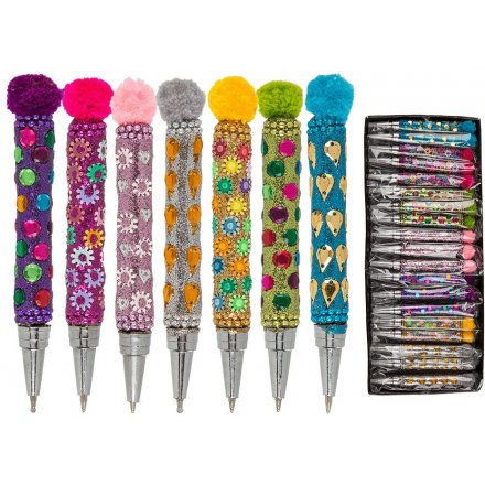Multicoloured Pompom Jewelled Pens