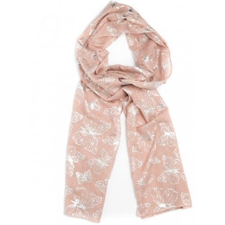  An assortment of blue, pink, grey and silver pastel toned scarves, complete with an added foil butterfly decal. 