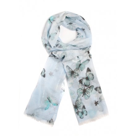 A beautiful assortment of butterfly printed scarves in a range of pastel colours 