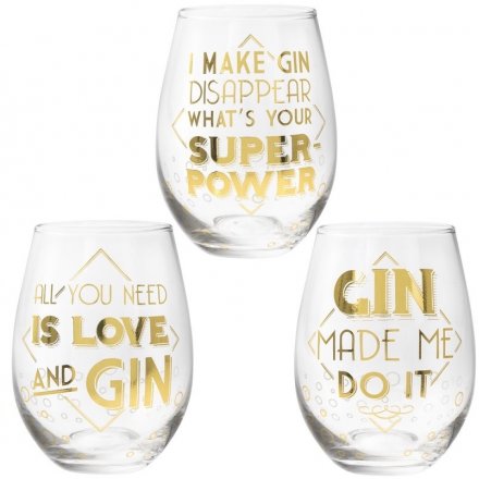 Gold Gin Stemless Glasses, 3 Assorted