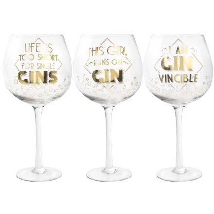 Gold Gin Quote Glasses, 3 Assorted