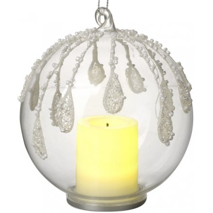 Glittered Bauble With Candle LED 11cm