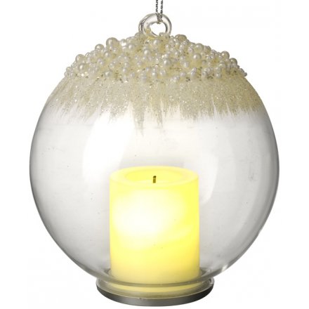 Glittered Pearl Bauble With Candle LED 11cm