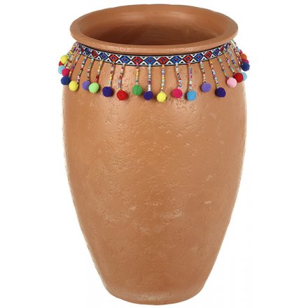 Tall Terracotta Pot with Neon Pompoms Large 26cm