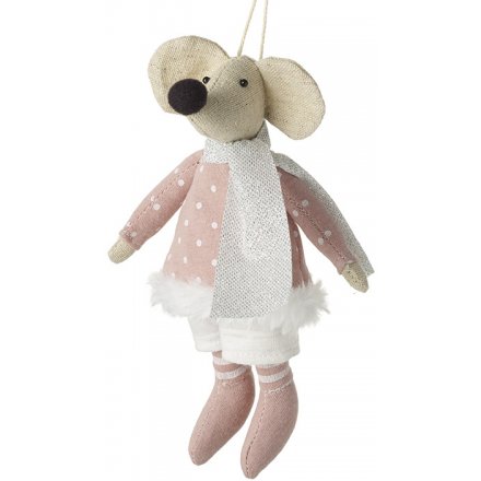 A natural fabric hanging mouse decoration with a pompom nose, silver sparkling scarf and polkadot dress.