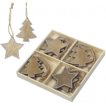 Pack of 12 Hanging Tree and Star Wooden Decorations 