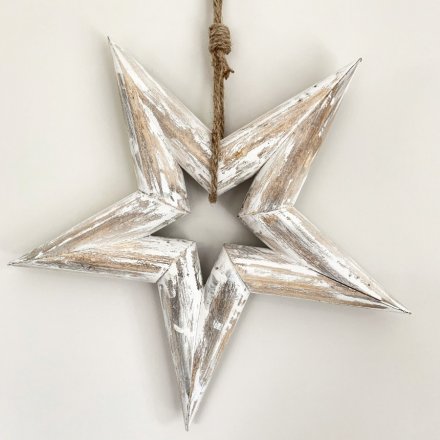 Rustic Chunky White Washed Wood Hanging Star 