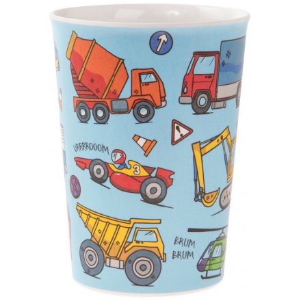  Covered in colourful illustrations of different vehicles, this little plastic beaker will be sure to entertain