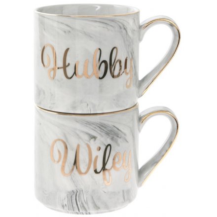 Marble Effect Stacking Mugs - Hubby & Wifey 