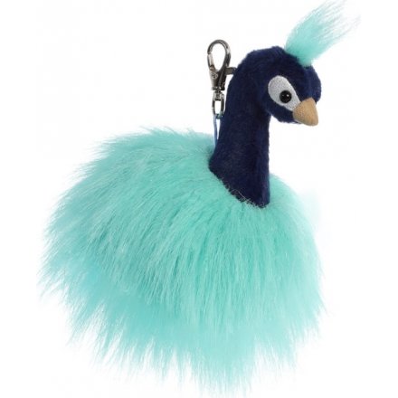 Fluffy Blue Peacock Key Clip