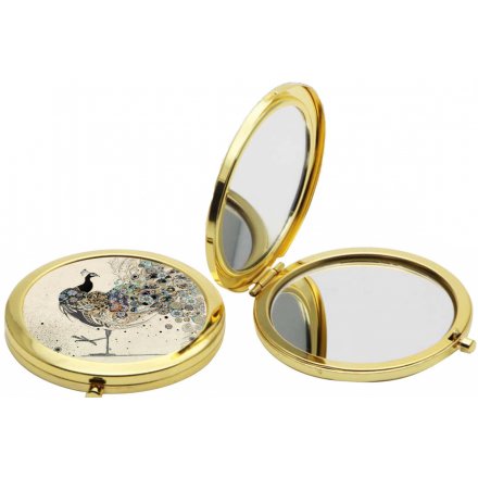 A beautiful golden toned compact mirror, perfectly finished with an illustrated peacock design