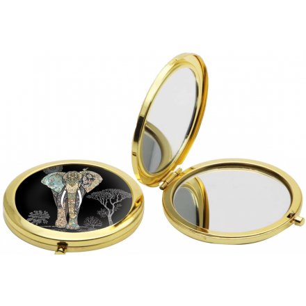  A beautiful golden toned compact mirror, perfectly finished with an illustrated elephant design