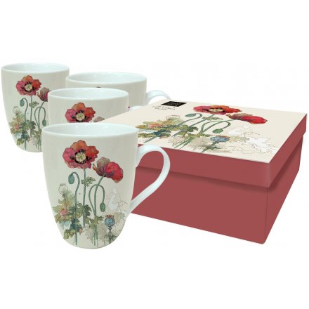 Set of 4 Watercolour Poppy Mugs 