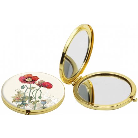  A beautiful golden toned compact mirror, perfectly finished with an illustrated watercolour poppy design