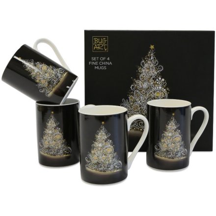 Festive White Tree Decorated Mug Set