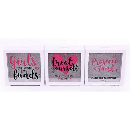 Girls/Treat Yourself/Prosecco Fund Slogan Money Boxes, 3 Assorted