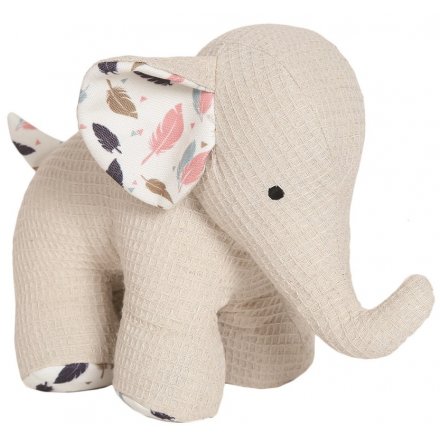 A small beige Elephant Doorstop with feather print