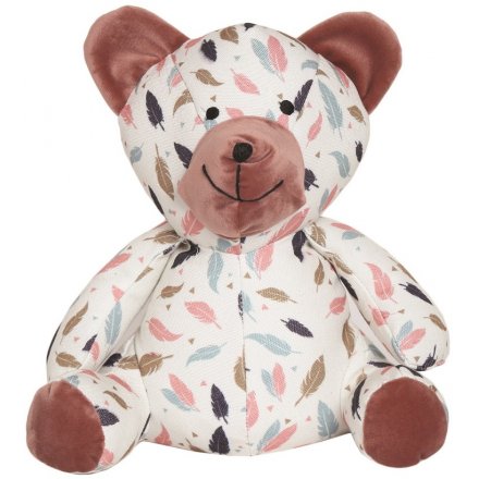 A small Teddy Bear Doorstop with Pastel tone Feather print