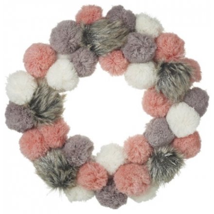 Large Pink and Grey Pompom Wreath 43cm
