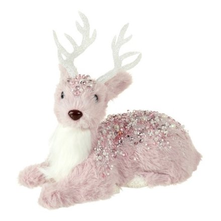 Fluffy Pink Laying Reindeer 20cm