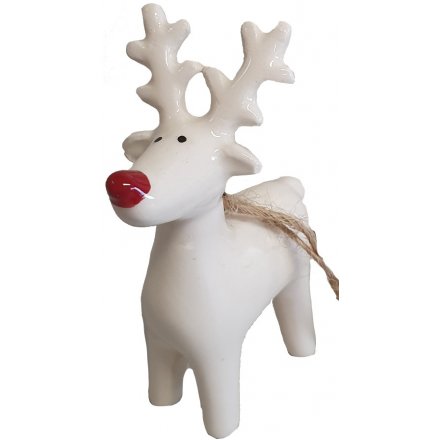 A mix of 3 white ceramic reindeer decorations, each with a ruby red nose and jute string hanger.