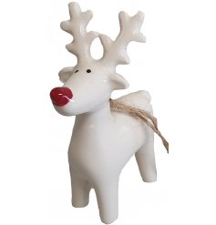 A mix of three white and red ceramic reindeer decorations with rustic jute twine to hang.