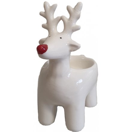 A mix of 2 white t-light holders in a reindeer design. Each has a festive red nose, adding character and charm