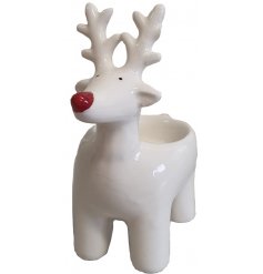 A mix of 2 white t-light holders in a reindeer design. Each has a festive red nose, adding character and charm