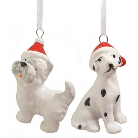 A mix of 4 ceramic dog ornaments each wearing a festive Christmas hat. A novel and unique item for your tree.