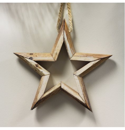 A rustic wooden star decoration with a natural finish and chunky rope hanger.