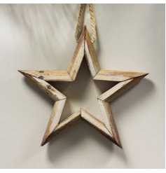   A beautifully simple yet stylish, natural wooden hanging star decoration with added distressed accents