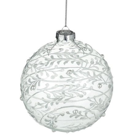 Hanging Glass Bauble with a White Leaf Decal 