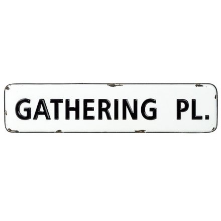 Distressed White Gathering PL. Metal Sign 