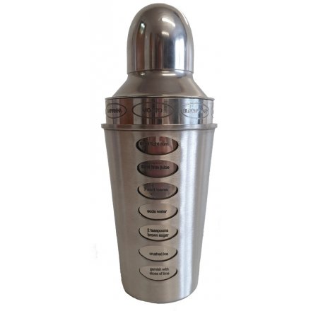  A trendy metal cocktail shaker with recipe guides for a variety of cocktails and an added distressed tarnished charm. 