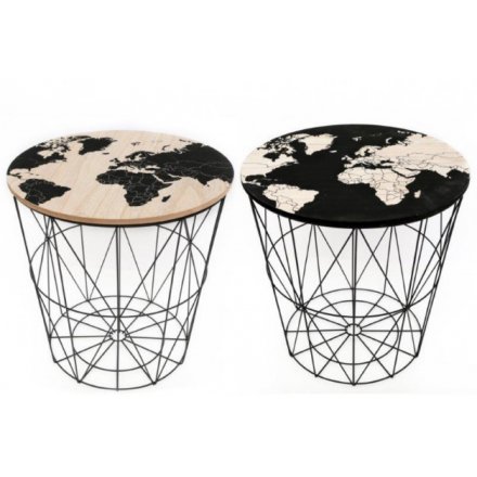 An assortment of 2 World Map Print Side Tables