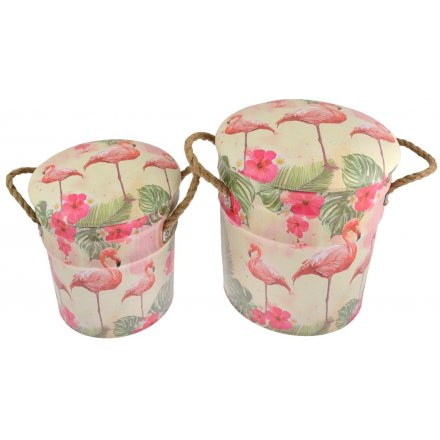 these stylish Flamingo Paradise inspired storage stools will bring in those summer vibes to any home