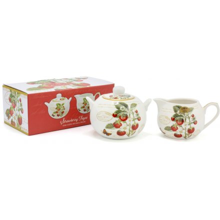A beautifully vintage inspired set of Fine China Sugar and Cream Pots, delicately decorated with a strawberry print 